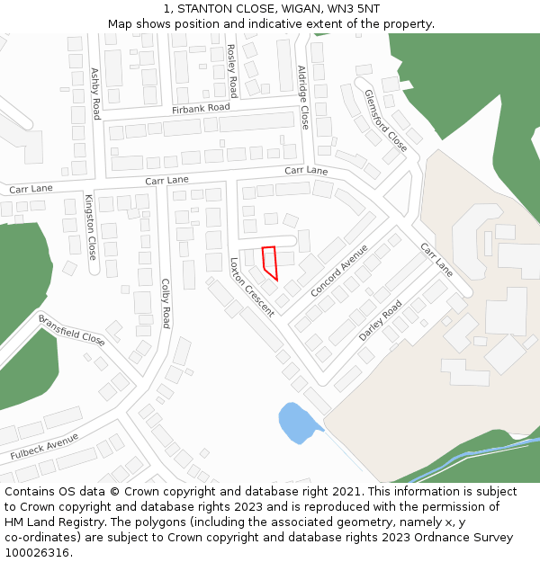 1, STANTON CLOSE, WIGAN, WN3 5NT: Location map and indicative extent of plot