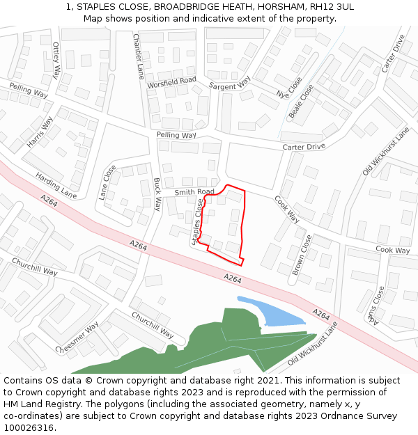 1, STAPLES CLOSE, BROADBRIDGE HEATH, HORSHAM, RH12 3UL: Location map and indicative extent of plot