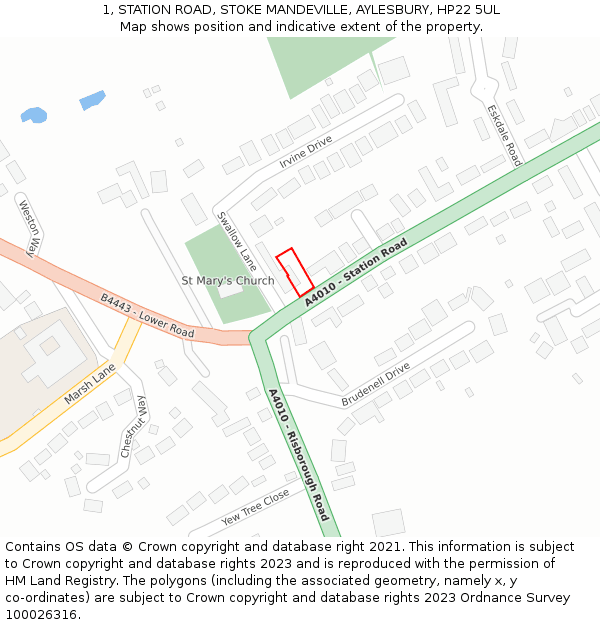 1, STATION ROAD, STOKE MANDEVILLE, AYLESBURY, HP22 5UL: Location map and indicative extent of plot