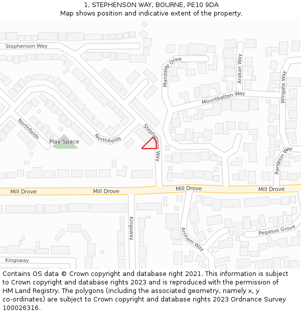 1, STEPHENSON WAY, BOURNE, PE10 9DA: Location map and indicative extent of plot