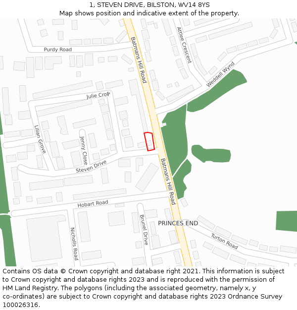 1, STEVEN DRIVE, BILSTON, WV14 8YS: Location map and indicative extent of plot