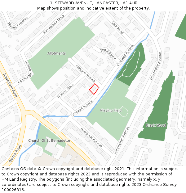 1, STEWARD AVENUE, LANCASTER, LA1 4HP: Location map and indicative extent of plot