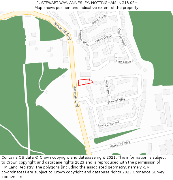 1, STEWART WAY, ANNESLEY, NOTTINGHAM, NG15 0EH: Location map and indicative extent of plot