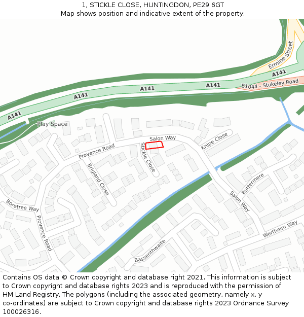 1, STICKLE CLOSE, HUNTINGDON, PE29 6GT: Location map and indicative extent of plot