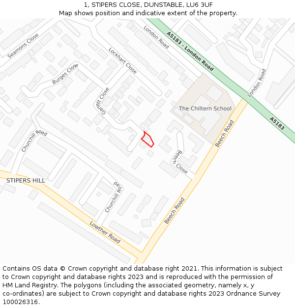 1, STIPERS CLOSE, DUNSTABLE, LU6 3UF: Location map and indicative extent of plot