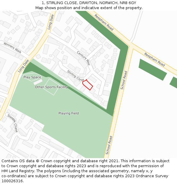 1, STIRLING CLOSE, DRAYTON, NORWICH, NR8 6GY: Location map and indicative extent of plot