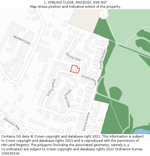 1, STIRLING CLOSE, RAYLEIGH, SS6 9GT: Location map and indicative extent of plot
