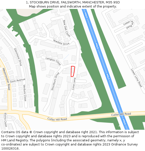 1, STOCKBURN DRIVE, FAILSWORTH, MANCHESTER, M35 9SD: Location map and indicative extent of plot