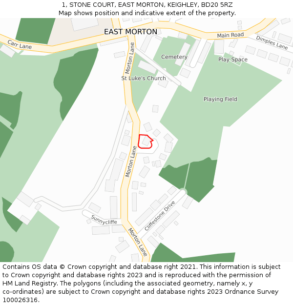 1, STONE COURT, EAST MORTON, KEIGHLEY, BD20 5RZ: Location map and indicative extent of plot