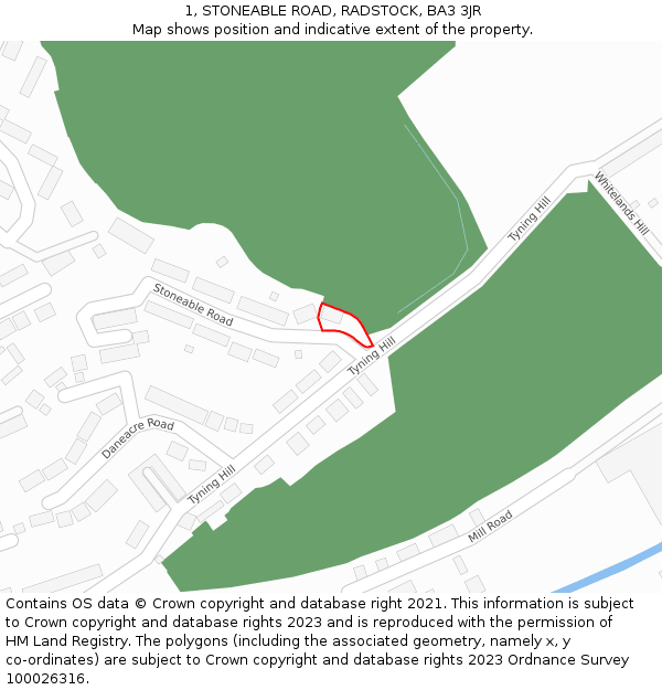 1, STONEABLE ROAD, RADSTOCK, BA3 3JR: Location map and indicative extent of plot