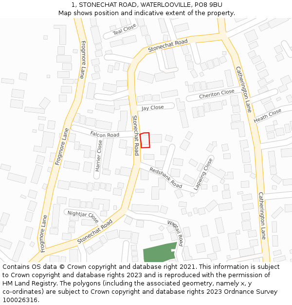 1, STONECHAT ROAD, WATERLOOVILLE, PO8 9BU: Location map and indicative extent of plot