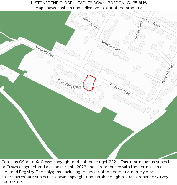 1, STONEDENE CLOSE, HEADLEY DOWN, BORDON, GU35 8HW: Location map and indicative extent of plot