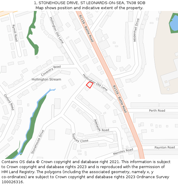 1, STONEHOUSE DRIVE, ST LEONARDS-ON-SEA, TN38 9DB: Location map and indicative extent of plot