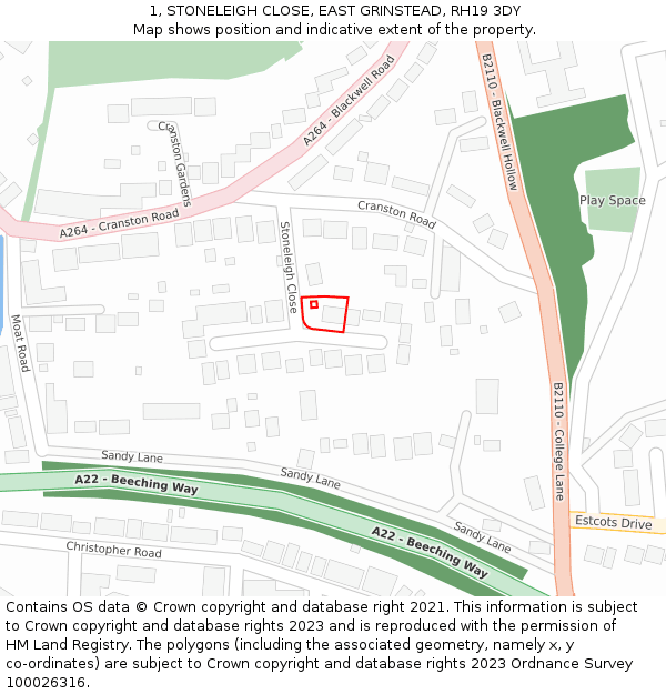 1, STONELEIGH CLOSE, EAST GRINSTEAD, RH19 3DY: Location map and indicative extent of plot