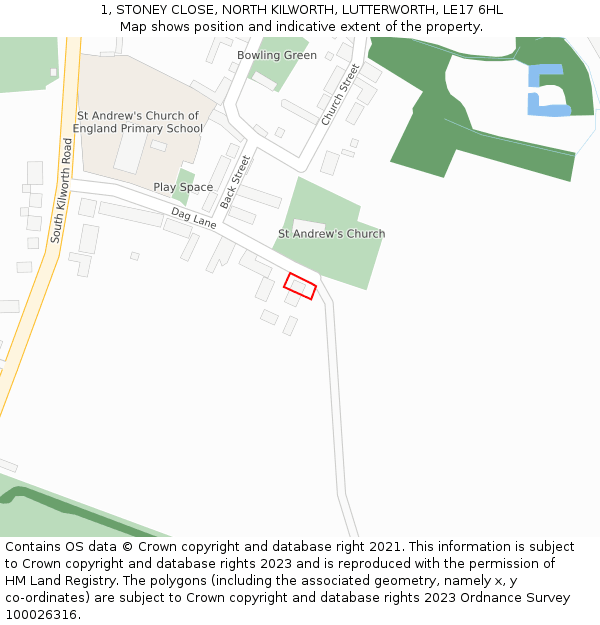 1, STONEY CLOSE, NORTH KILWORTH, LUTTERWORTH, LE17 6HL: Location map and indicative extent of plot