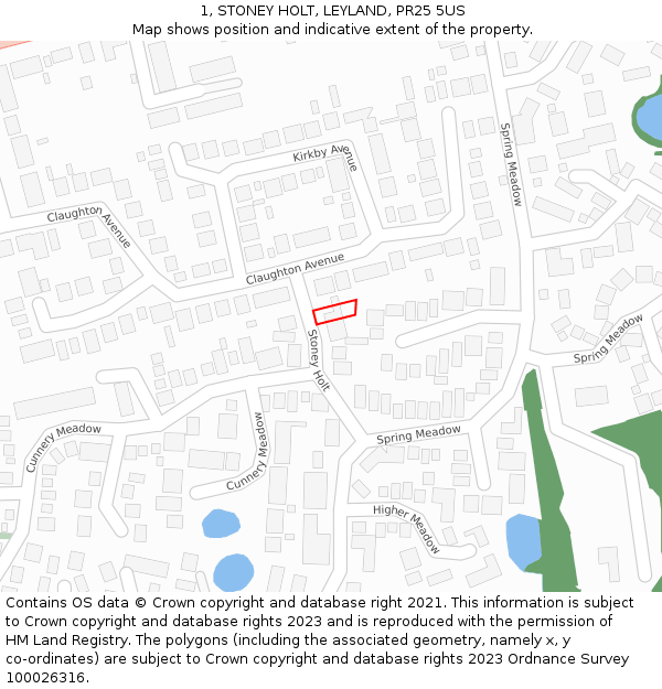 1, STONEY HOLT, LEYLAND, PR25 5US: Location map and indicative extent of plot