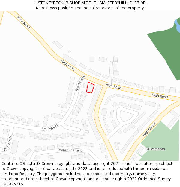 1, STONEYBECK, BISHOP MIDDLEHAM, FERRYHILL, DL17 9BL: Location map and indicative extent of plot