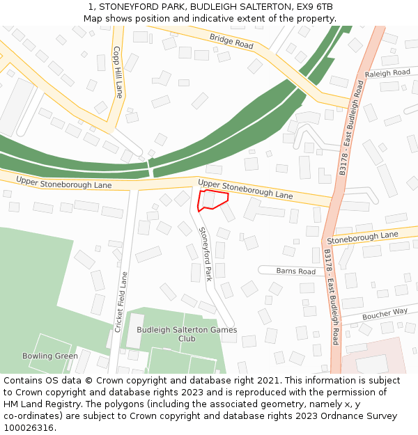 1, STONEYFORD PARK, BUDLEIGH SALTERTON, EX9 6TB: Location map and indicative extent of plot