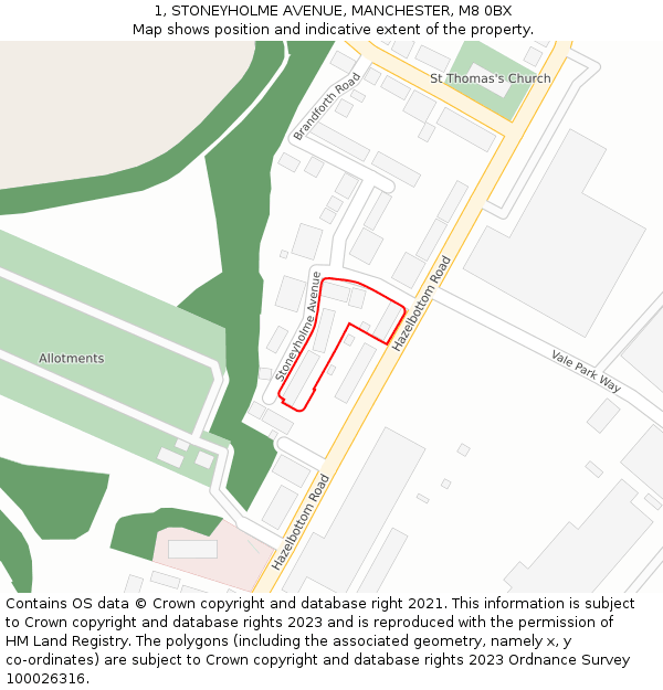 1, STONEYHOLME AVENUE, MANCHESTER, M8 0BX: Location map and indicative extent of plot