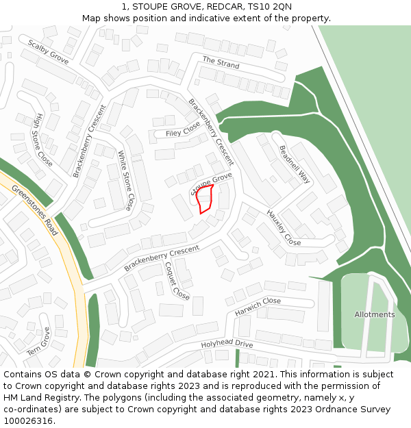 1, STOUPE GROVE, REDCAR, TS10 2QN: Location map and indicative extent of plot