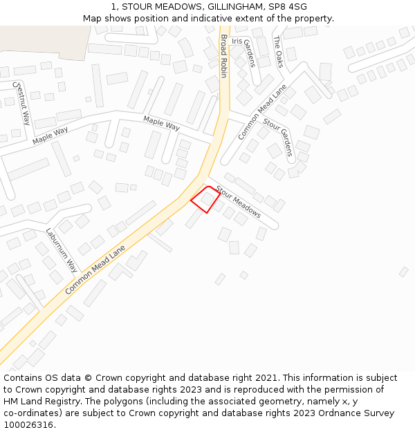 1, STOUR MEADOWS, GILLINGHAM, SP8 4SG: Location map and indicative extent of plot