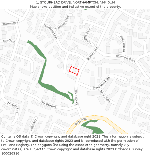 1, STOURHEAD DRIVE, NORTHAMPTON, NN4 0UH: Location map and indicative extent of plot
