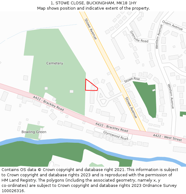 1, STOWE CLOSE, BUCKINGHAM, MK18 1HY: Location map and indicative extent of plot