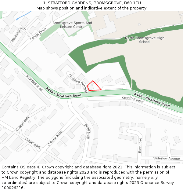 1, STRATFORD GARDENS, BROMSGROVE, B60 1EU: Location map and indicative extent of plot