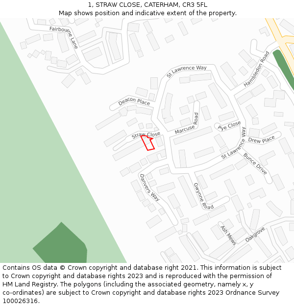 1, STRAW CLOSE, CATERHAM, CR3 5FL: Location map and indicative extent of plot