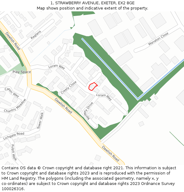 1, STRAWBERRY AVENUE, EXETER, EX2 8GE: Location map and indicative extent of plot