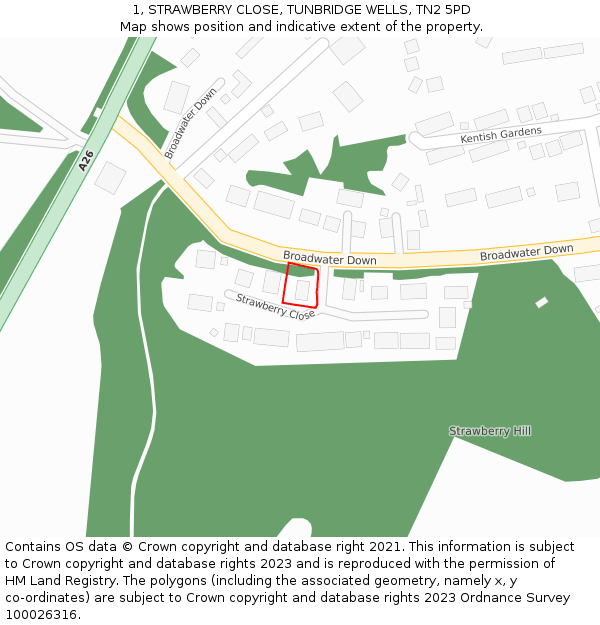 1, STRAWBERRY CLOSE, TUNBRIDGE WELLS, TN2 5PD: Location map and indicative extent of plot