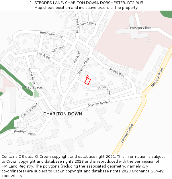 1, STRODES LANE, CHARLTON DOWN, DORCHESTER, DT2 9UB: Location map and indicative extent of plot