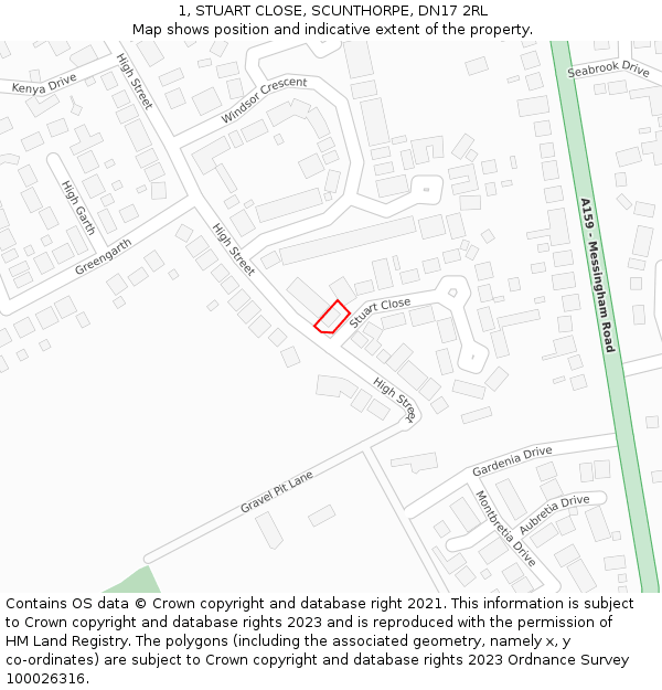 1, STUART CLOSE, SCUNTHORPE, DN17 2RL: Location map and indicative extent of plot