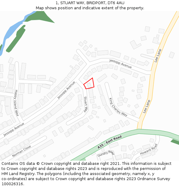 1, STUART WAY, BRIDPORT, DT6 4AU: Location map and indicative extent of plot