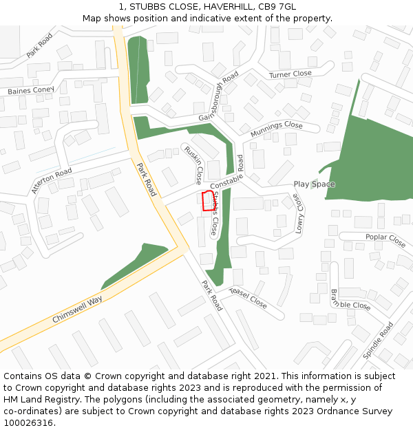 1, STUBBS CLOSE, HAVERHILL, CB9 7GL: Location map and indicative extent of plot