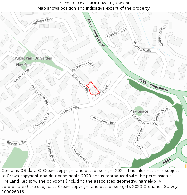 1, STYAL CLOSE, NORTHWICH, CW9 8FG: Location map and indicative extent of plot