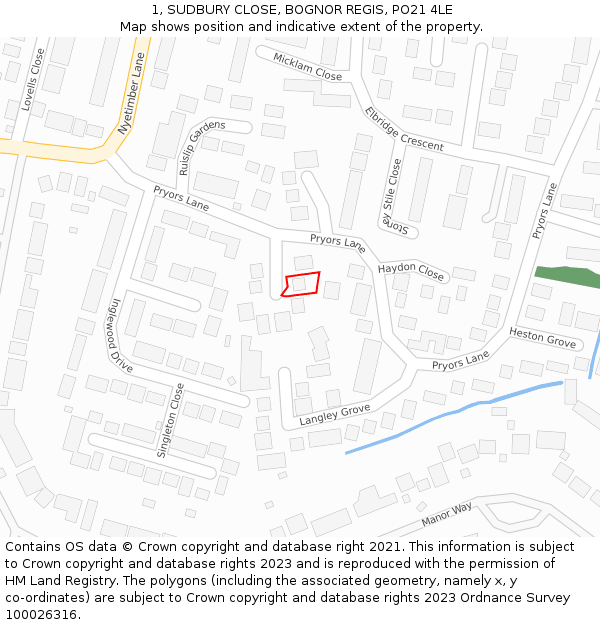 1, SUDBURY CLOSE, BOGNOR REGIS, PO21 4LE: Location map and indicative extent of plot