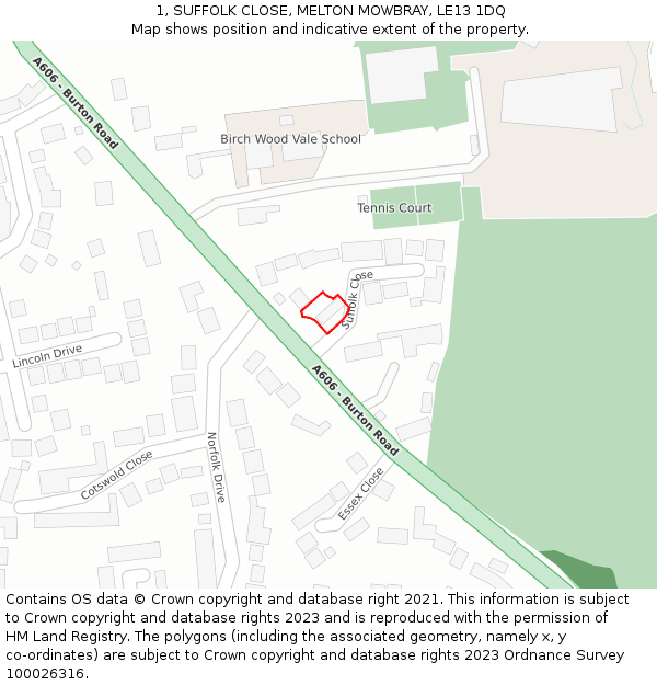 1, SUFFOLK CLOSE, MELTON MOWBRAY, LE13 1DQ: Location map and indicative extent of plot