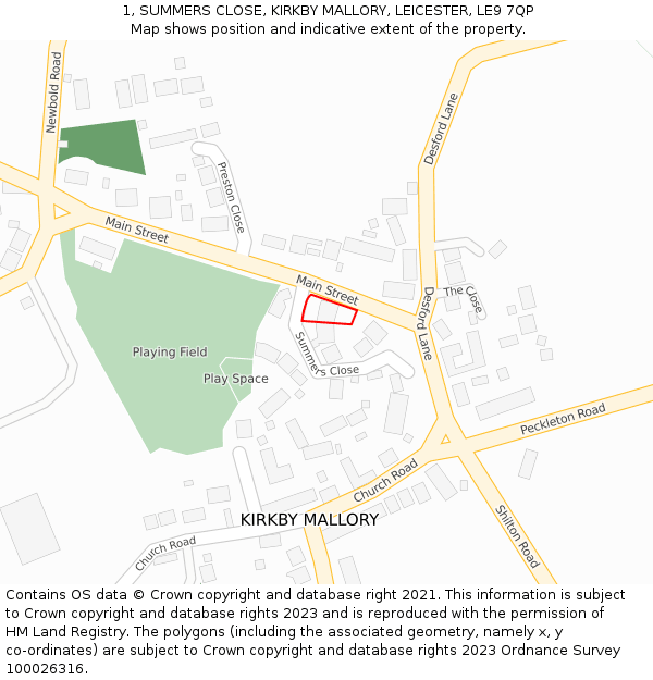 1, SUMMERS CLOSE, KIRKBY MALLORY, LEICESTER, LE9 7QP: Location map and indicative extent of plot