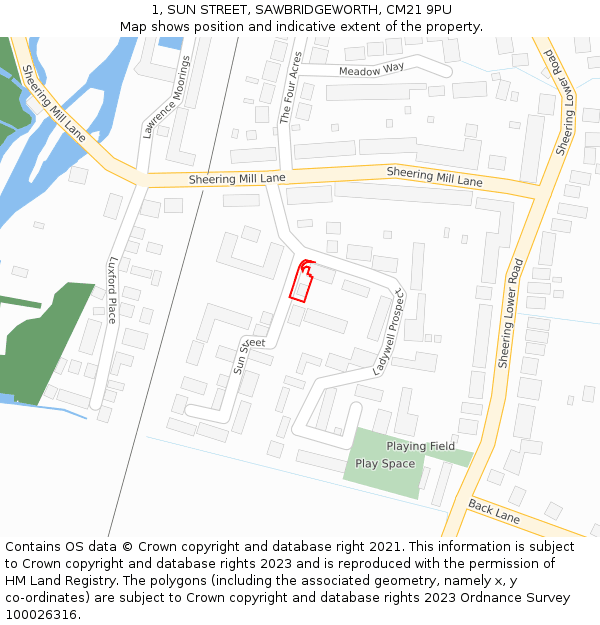 1, SUN STREET, SAWBRIDGEWORTH, CM21 9PU: Location map and indicative extent of plot