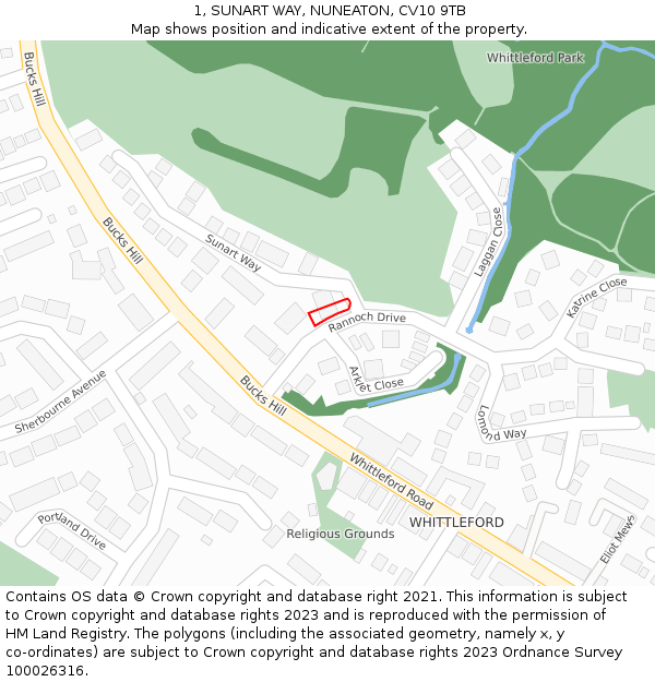 1, SUNART WAY, NUNEATON, CV10 9TB: Location map and indicative extent of plot