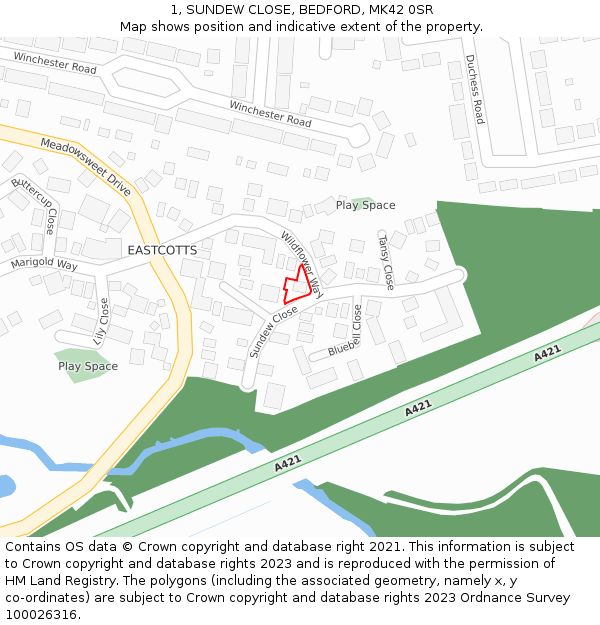 1, SUNDEW CLOSE, BEDFORD, MK42 0SR: Location map and indicative extent of plot