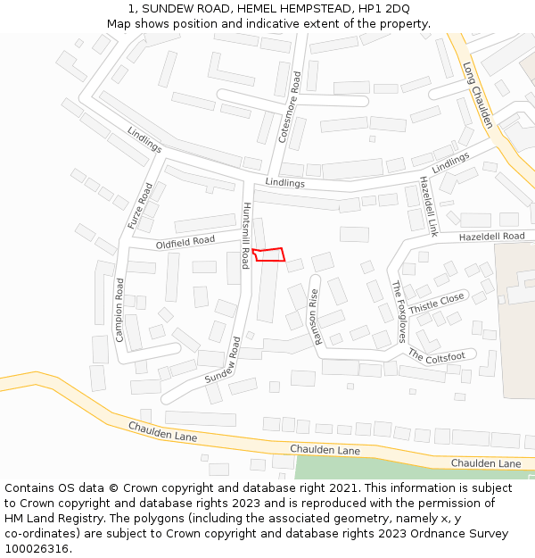 1, SUNDEW ROAD, HEMEL HEMPSTEAD, HP1 2DQ: Location map and indicative extent of plot