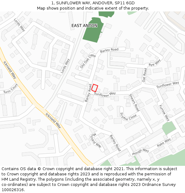 1, SUNFLOWER WAY, ANDOVER, SP11 6GD: Location map and indicative extent of plot