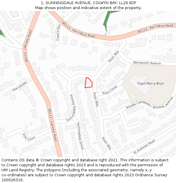 1, SUNNINGDALE AVENUE, COLWYN BAY, LL29 6DF: Location map and indicative extent of plot