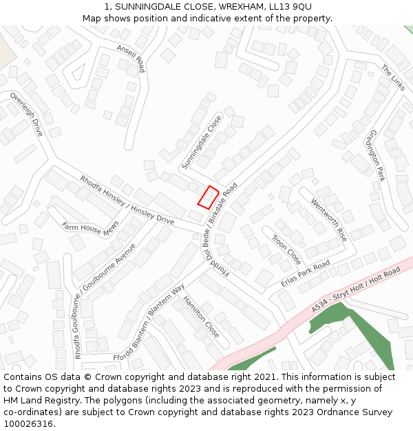 1, SUNNINGDALE CLOSE, WREXHAM, LL13 9QU: Location map and indicative extent of plot