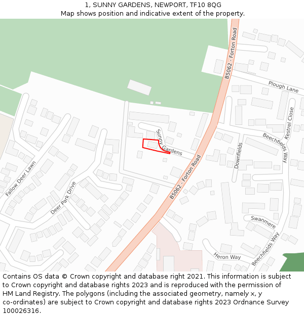 1, SUNNY GARDENS, NEWPORT, TF10 8QG: Location map and indicative extent of plot