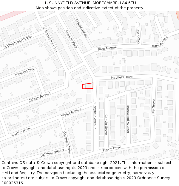 1, SUNNYFIELD AVENUE, MORECAMBE, LA4 6EU: Location map and indicative extent of plot