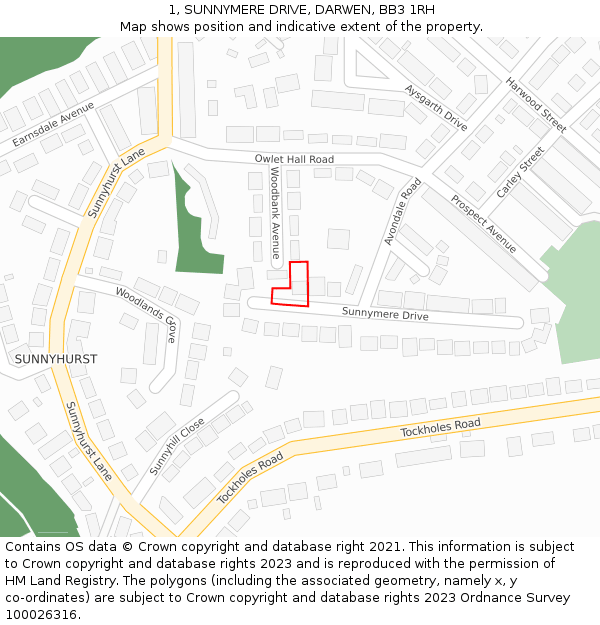 1, SUNNYMERE DRIVE, DARWEN, BB3 1RH: Location map and indicative extent of plot