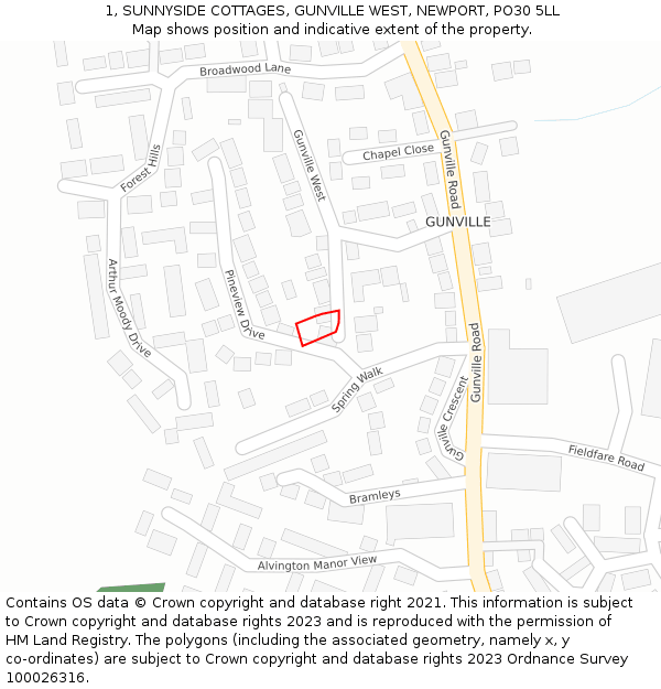 1, SUNNYSIDE COTTAGES, GUNVILLE WEST, NEWPORT, PO30 5LL: Location map and indicative extent of plot